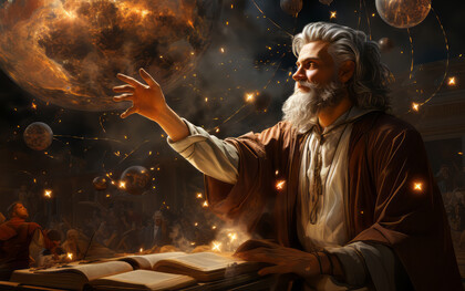 Le sage qui étend la main vers les sphères incarne l’idée d’une continuité cosmique où la pensée, la matière et la lumière participent d’une même puissance agissante, telle que la conçoit Espinoza