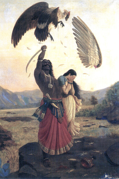 Rāvaṇa battling Jatāyu while carrying off the kidnapped Sītā. Painting by Raja Ravi Varma