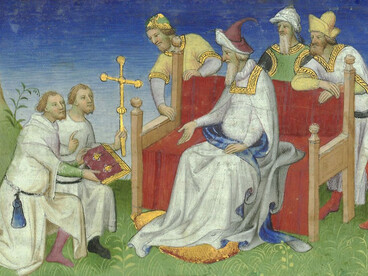 Ilustración de los hermanos Polo regresan a Kubilai con regalos del Papa Gregorio X. "El libro de las maravillas" (1410-1412) de Mazarine Master 