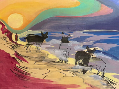 Mark Adams, Deer, sunrise, backshore (detail), 2025. Courtesy of the Schoolhouse Gallery