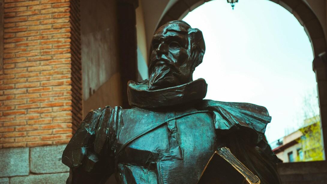 Miguel de Cervantes statue by sculptor Óscar Alvariño in Toledo, Spain