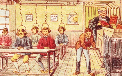 Cartão produzido em 1910, da série "França em 2000 - Escola do Futuro". Previa-se a escola francesa do ano 2000 operando com o princípio de baixar o conhecimento dos livros didáticos diretamente para o cérebro por meio de uma máquina elétrica. A IA oferece muitos benefícios, mas apresenta riscos complexos e significativos para a ética e a sociedade sem aplicações responsáveis. Os sistemas de IA assumem papéis de tomada de decisão mais autônomos, correndo o risco de viés algorítmico, falta de transparência, privacidade e segurança de dados e deslocamento de empregos