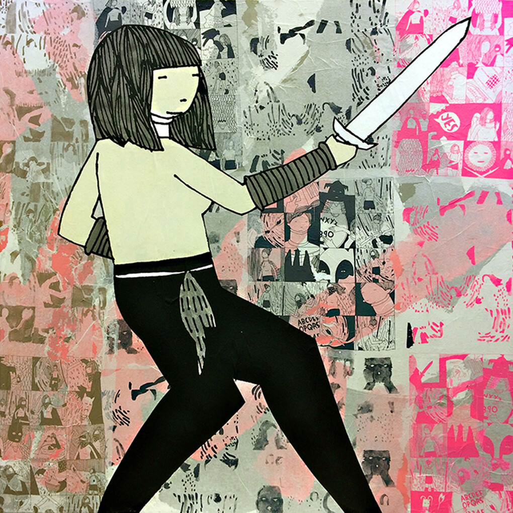 Kid Acne, “Stabby Woman 1″, Hand embellished screenprint and collage on canvas, 36in x 36in (92 x 92cm)