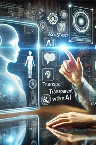 Futuristic scene of human-AI interaction with elements of communication, technology, and collaboration