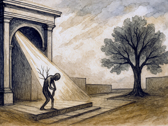 An abstract ink and watercolor illustration depicting the tension between structure and freedom—where rigid architectural forms dissolve into flowing, organic shapes, symbolizing the transformation of obedience into becoming