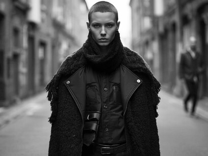 A model on the street wears a coat styled in genderless fashion