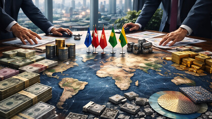 A conference table layered with maps, currency, and technology components reflects the shifting landscape of global power and trad