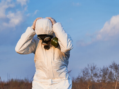 A male scientist conducting post-event research in a burned field adjacent to a nuclear site