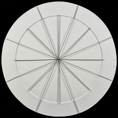 Gianni Colombo, (White) Spazio elastico, 1973, wood, paint, nails and extendable metal wire, diameter 80cm