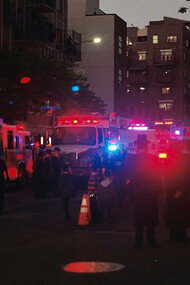 Unfolding emergency scene along the bustling thoroughfare of Kent Avenue, in New York City, United States