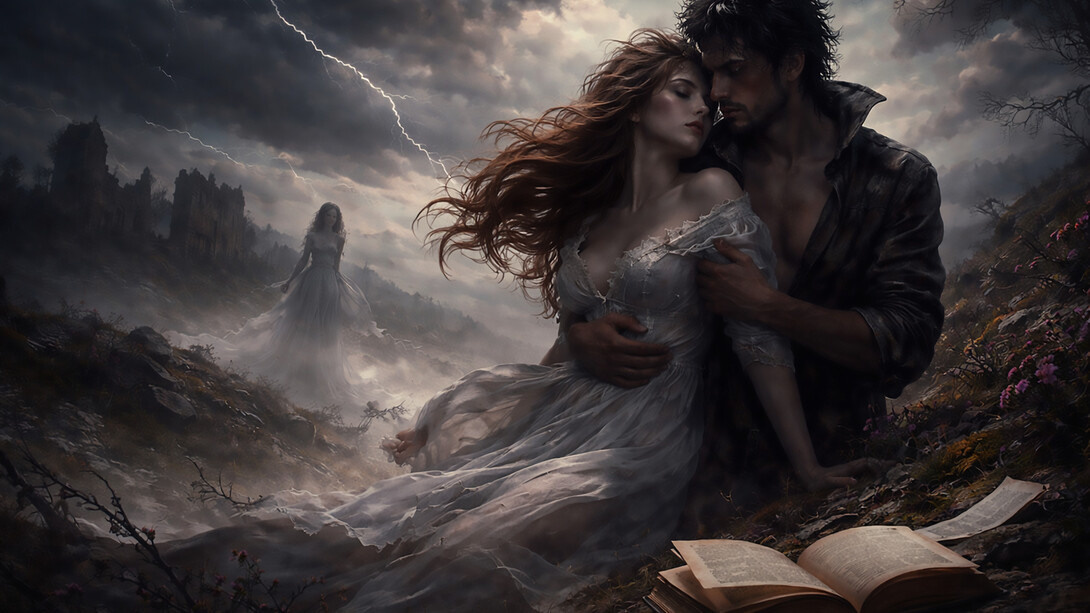 A storm-swept gothic landscape where love, memory, and haunting obsession intertwine—two figures locked in a destructive bond while ghostly echoes of the past linger across the windswept moors