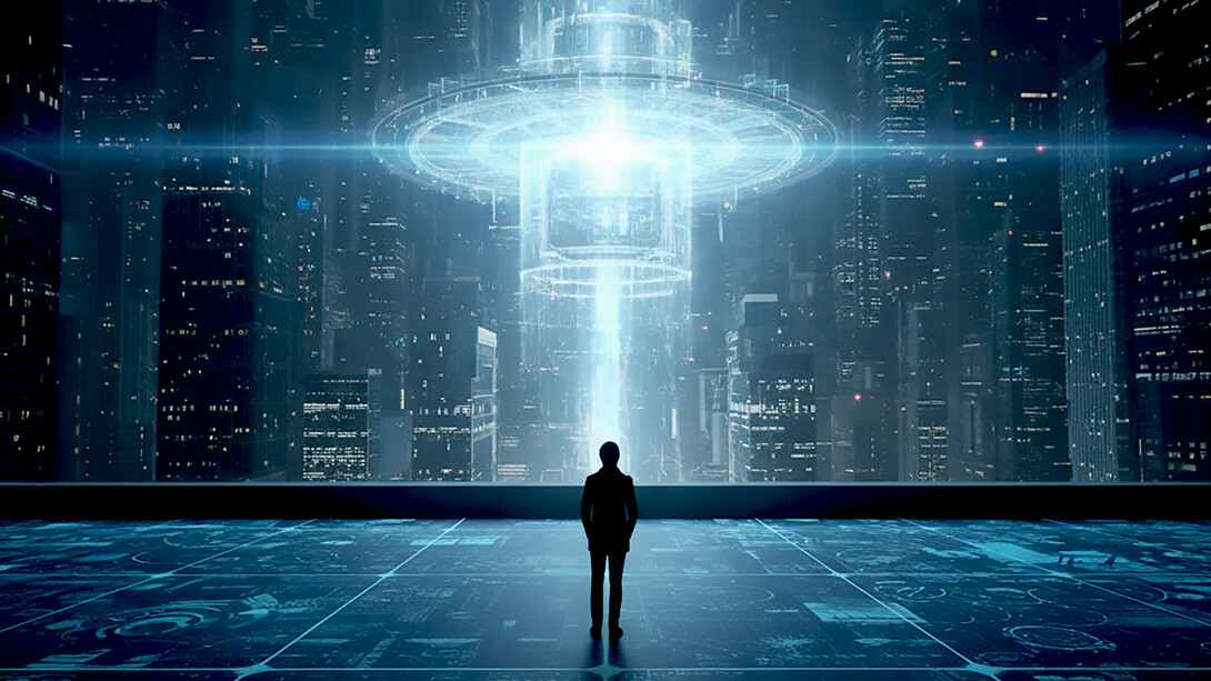 From a digital precipice, a figure witnesses a radiant, heart-shaped core of light emerging from a dense urban network, suggesting the integration of human meaning within technological complexity