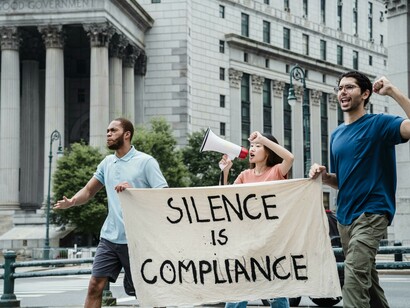 Protesters march through the street, carrying a banner that declares “Silence is compliance”