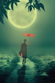 A monk holding an umbrella walking under the moonlight and perfectly encapsulating the belief, create and do philosophy