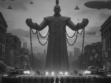 Um punho monolítico de poder, entrelaçado com correntes e arame farpado, domina a decadência urbana. As massas abaixo marcham em formação, guiadas pela luz impiedosa de uma nova ordem intransigente