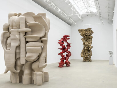 Sculptures by Tony Cragg from his exhibition A Rare Category of Objects (Yorkshire Sculpture Park, 2017). The tall, vertical works exemplify Cragg’s signature style—layered, twisting forms that seem to move and transform. Pictured: Lost in Thought (2011, laminated wood), Mean Average (2014, painted bronze, red), and Versus (2012, bronze). These pieces explore the tension between natural and mechanical structures, their surfaces evoking both geological strata and human anatomy. Each stands approximately 3–5 metres tall and ranks among Cragg’s most recognisable large-scale indoor sculptures. Image credit: © Tony Cragg / Lisson Gallery / Yorkshire Sculpture Park. All rights reserved (2008–2017)