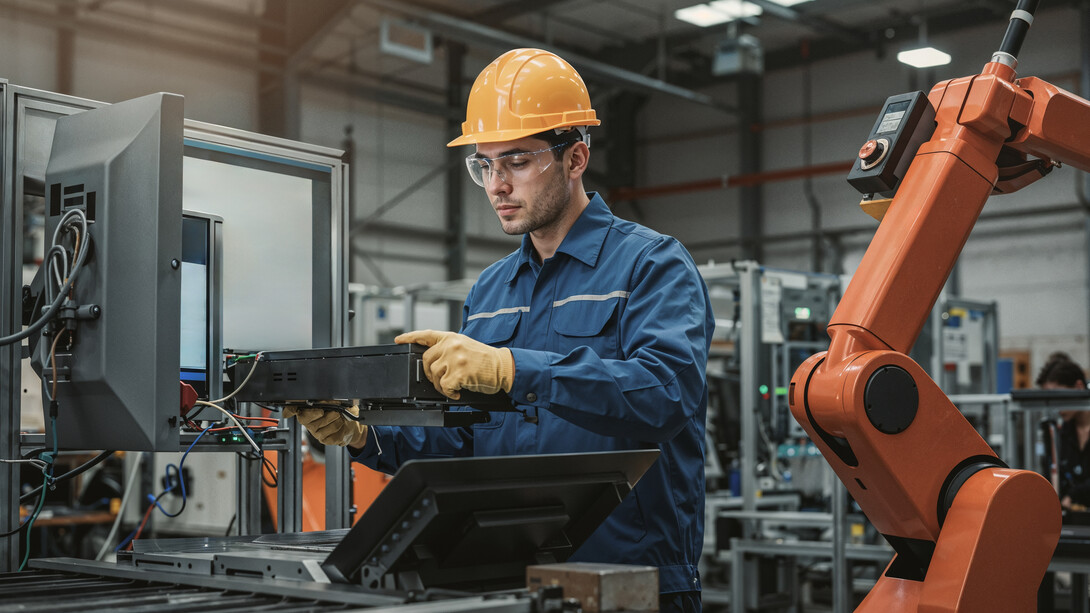 An engineer collaborates with a robotic assistant in a modern industrial facility, showcasing human-robot teamwork