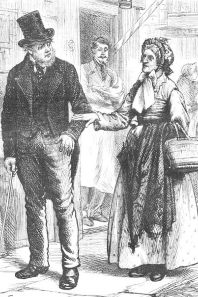 Hard Times, In the street outside Bounderby's house, Mrs. Pegler on her annual visit to Coketown asking Stephen Blackpool for news of what went on in Bounderby's