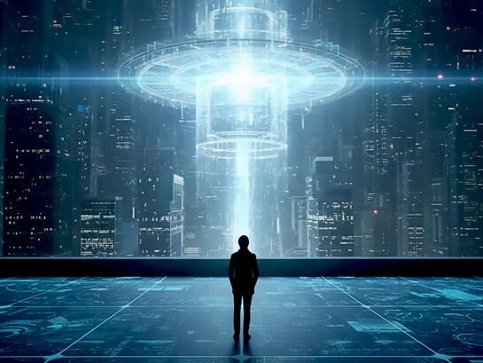 From a digital precipice, a figure witnesses a radiant, heart-shaped core of light emerging from a dense urban network, suggesting the integration of human meaning within technological complexity