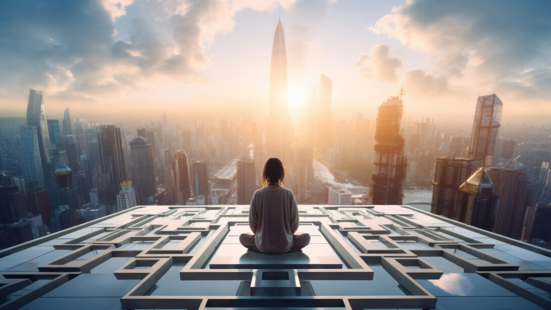 A woman seated in stillness overlooking a radiant skyline, symbolizing the expansion of consciousness