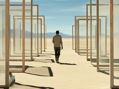 A man stepping through shifting frames, representing the expansion into 5D perception