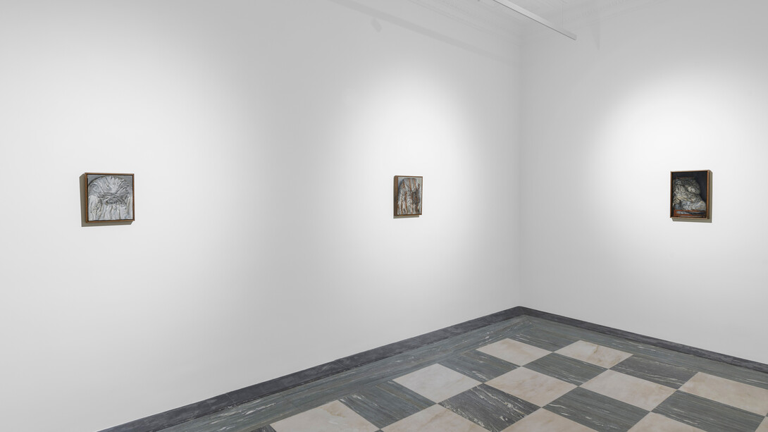 Justin Bradshaw, 9 paintings of drapery and eggs, exhibition view. Courtesy of Spazio Amanita