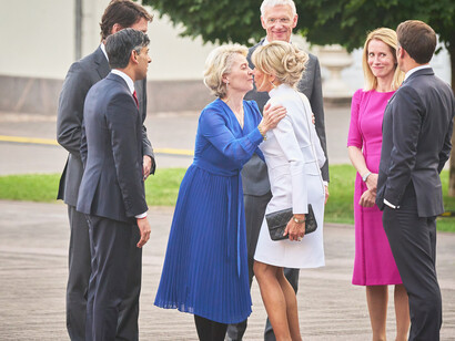 Pictured from left to right: Rishi Sunak, the British Prime Minister; Justin Trudeau, the Canadian Prime Minister; Ursula von der Leyen, President of the European Commission; Brigitte Macron, spouse of French President Emmanuel Macron; Krišjanis Kariņš, the Latvian Prime Minister; Kaja Kallas, the Estonian Prime Minister; and Emmanuel Macron, President of France, Vilnius, Lithuania