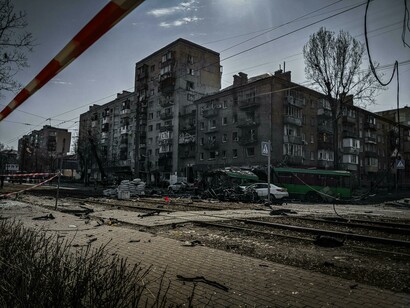 Destruction in a Ukrainian city caused by Russian attacks, Kiev, Ukraine