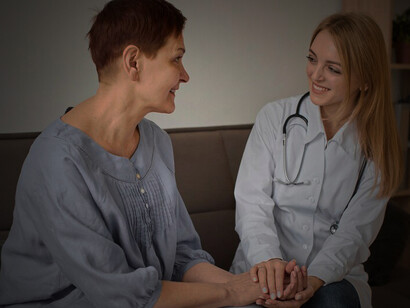 A compassionate female doctor caring for an elderly patient with a chronic condition, exploring the philosophy of illness, existential reflections, and the ethics of medical practice