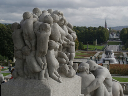 A sculpture in Vigelandsparken, Oslo, depicts the exploration of human emotions and relationships through intricate and expressive forms