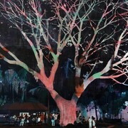 Jules de Balincourt, Waiting Tree, 2012 oil and acrylic on panel/olio e acrilico su tavola , 78 x 87 inches/ 198.1 x 221 cm
Photo:  Joseph Desler Costa. Courtesy the artist, Salon 94 and Galerie Thaddaeus Ropac