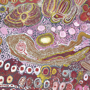 Wingu Tingima, Minyma tjuta (Seven sisters) (detail), 2006. Courtesy of National Gallery of Victoria, Melbourne, Purchased with funds donated by Supporters and Patrons of
Indigenous Art, 2006 © Wingu Tingima/Copyright Agency, 2024