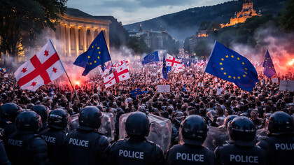 Pro-European protesters face riot police in Tbilisi, as Georgia’s struggle between democratic aspirations and authoritarian pressure unfolds in the streets