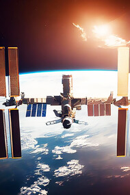 Spacecraft orbiting planet equipped with advanced AI technology for space exploration