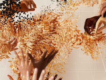 Hands navigating a storm of coded fragments, reflecting the struggle to retain freedom in a technocratic system