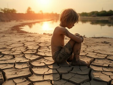 A child amidst a barren landscape illustrates the tangible effects of global ecological degradation, disproportionately impacting vulnerable populations