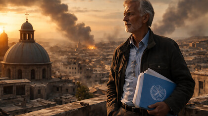 A solitary witness between faith and fire, carrying the weight of conscience in a world shaped by war