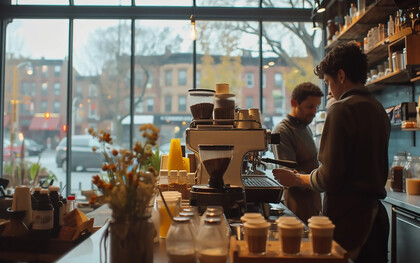 Baristas prepare coffee in a cozy café, illuminated by warm lighting and lined with an array of curated products