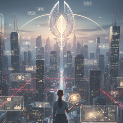 A lone figure stands on a data-infused platform, contemplating a central, ethereal structure that radiates light over a bustling, interconnected metropolis