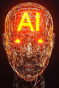 Futuristic AI cloud and robot head on a black backdrop, representing cutting-edge AI technology