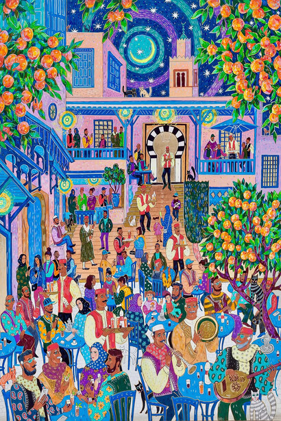 “Thé à la menthe, café, étoiles” by Ksenia Filippova, 110×80 cm, canvas, acrylic, 2025