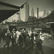 Berenice Abbott, Fulton Street Fish Market, 1936, Gelatin silver print; printed c.1936, 8 X 9 7/8 inches, Photographer's Federal Art Project "Changing New York" stamp on print verso. Courtesy Howard Greenberg Gallery, New York