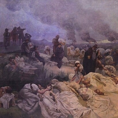 Alphonse Mucha, "Petr Chelčický en Vodnany: no pagues mal con mal", de la serie "La épica eslava", óleo sobre lienzo, 1918