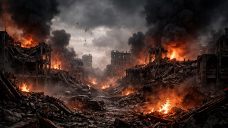 Un paesaggio urbano devastato, consumato dal fuoco e dalla distruzione, evoca il costo in termini di vite umane e le conseguenze di vasta portata della guerra moderna, in cui i conflitti rischiano di degenerare in una devastazione prolungata che va ben oltre il campo di battaglia