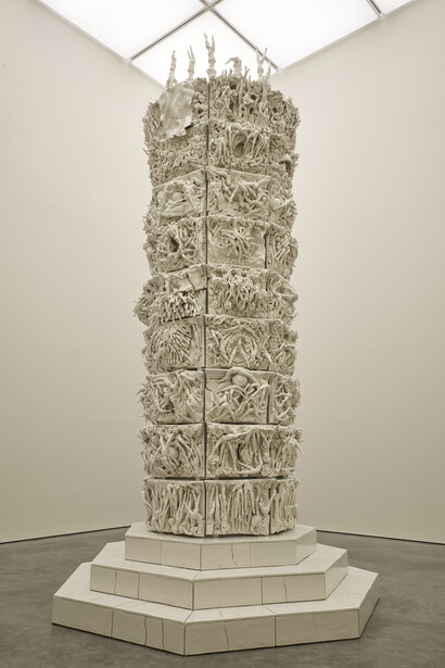 Rachel Kneebone, 399 Days, 2012-2013, Porcelain and mild steel, 212 5/8 x 113 x 111 7/16 in. (540 x 287 x 283 cm), © Rachel Kneebone. Photo: Stephen White. Courtesy White Cube