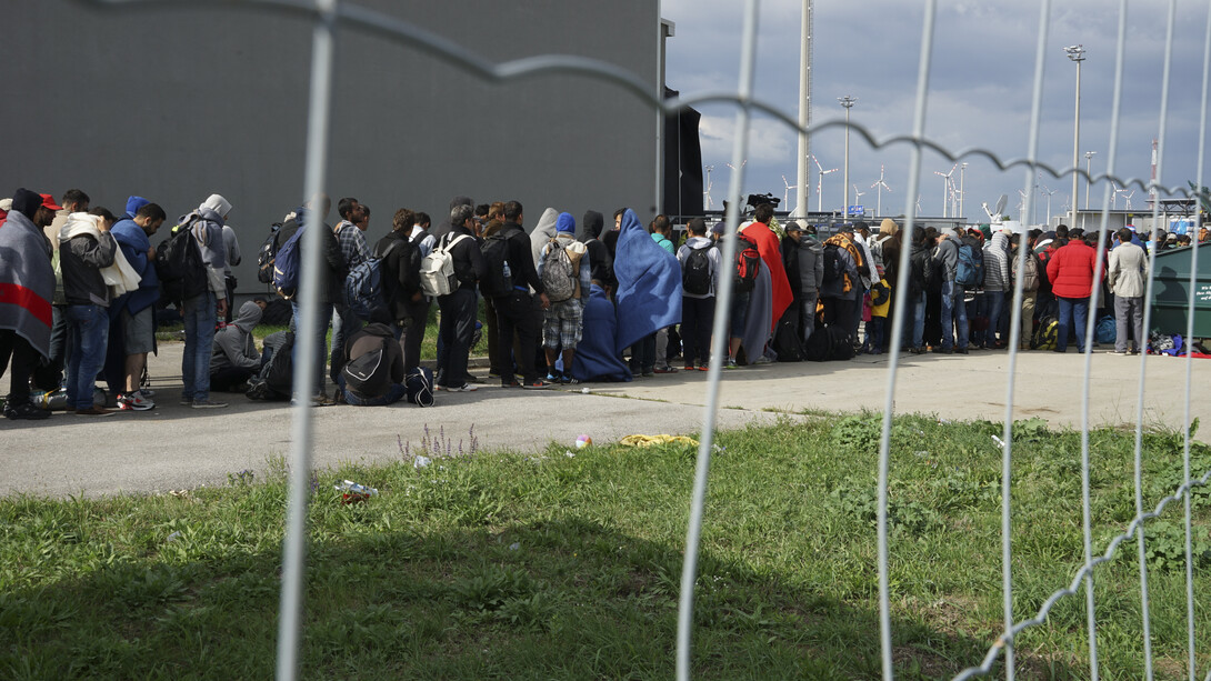 A line of Syrian refugees crossing the border of Hungary and Austria on their way to Germany. Hungary, Central Europe, 6 September 2015