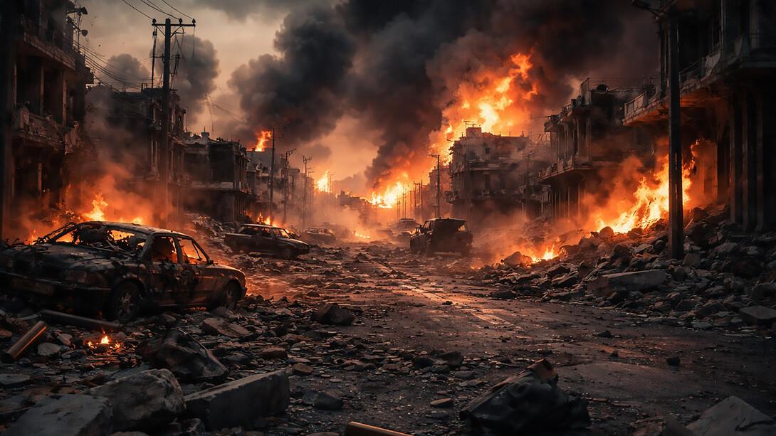 A devastated cityscape consumed by fire and destruction evokes the human cost and far-reaching consequences of modern war, where conflicts risk spiraling into prolonged devastation far beyond the battlefield