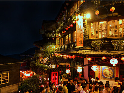 Evening lights and lively crowds in Jiufen street, Taiwan