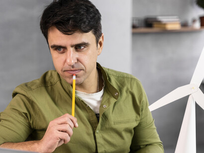 Front view of a man reflecting on an eco-friendly wind power project, with wind turbines representing renewable energy investment