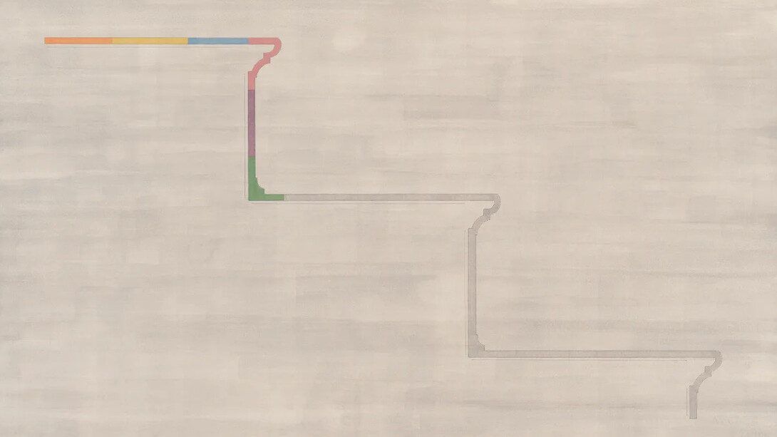 Julia Fish, 24 East 81st Street, stair profile in line with Hermitage spectrum, on grey, west to east if west is green. After Buchman & Fox (1902) (detail), 2025. Courtesy of David Nolan Gallery